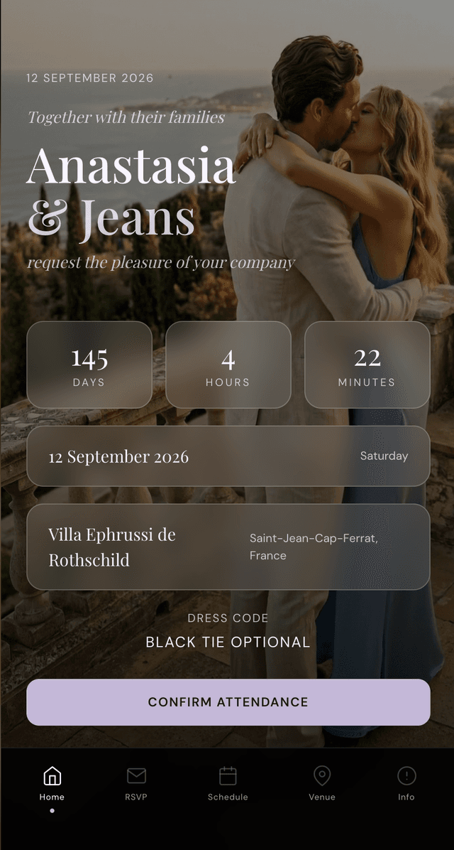 Live digital wedding invitation preview with online RSVP, schedule, venue map and dress code on phone