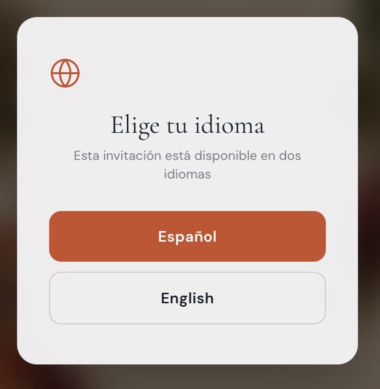 Selector de idioma de una invitación de boda bilingüe donde los invitados eligen español o inglés antes de abrir la invitación digital con confirmación de asistencia en línea