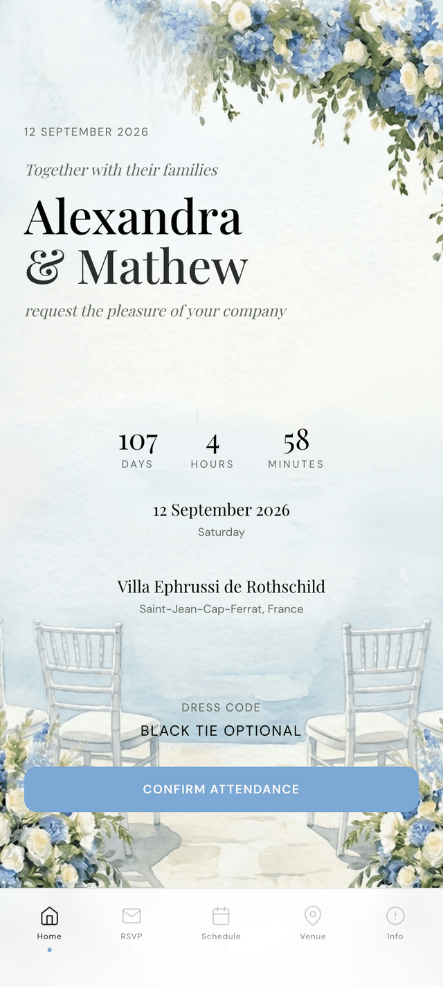 Bilingual wedding invitation in English showing RSVP, schedule and venue details on phone