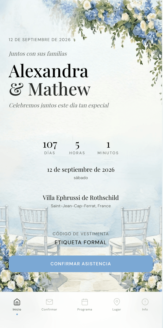 Bilingual wedding invitation in Spanish showing translated RSVP, schedule and venue on phone
