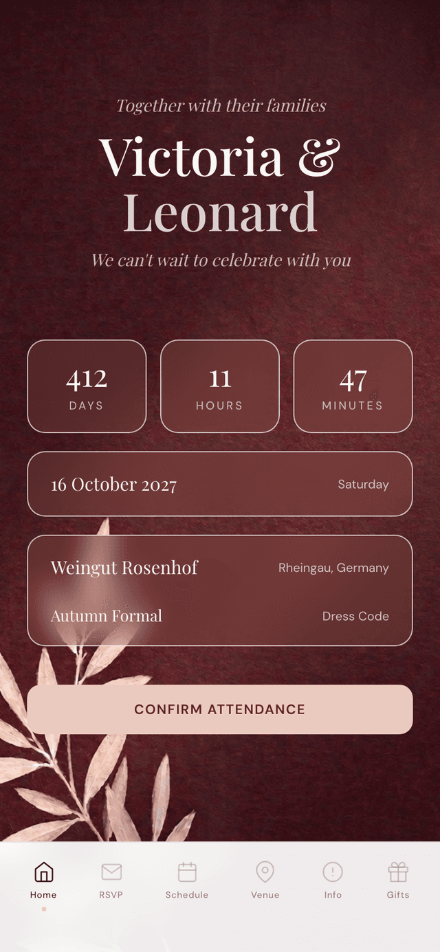 Burgundy wedding invitation theme with deep red textured background and botanical detail