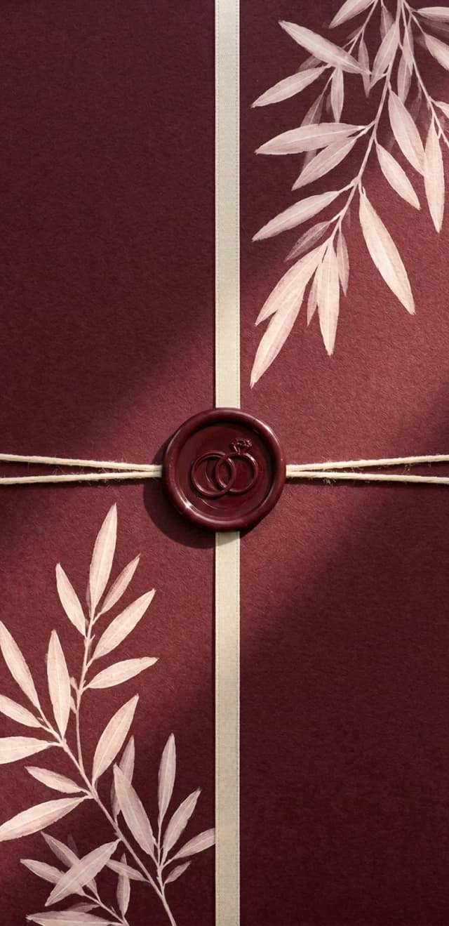 Burgundy digital wedding invitation arriving as a sealed envelope: burgundy wax seal over a cream ribbon with blush painted branches, the opening animation guests see first