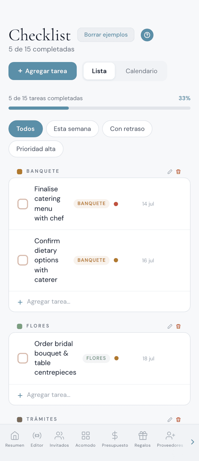 App de checklist de boda en iPhone mostrando tareas por categoría con filtros de prioridad, barra de avance y fechas límite — la mejor lista de pendientes para organizar tu boda