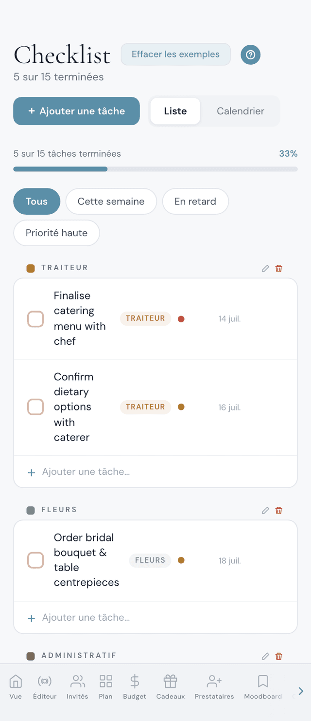 Application de checklist mariage sur iPhone avec tâches par catégorie, filtres de priorité, barre de progression et échéances — la meilleure to-do list de mariage