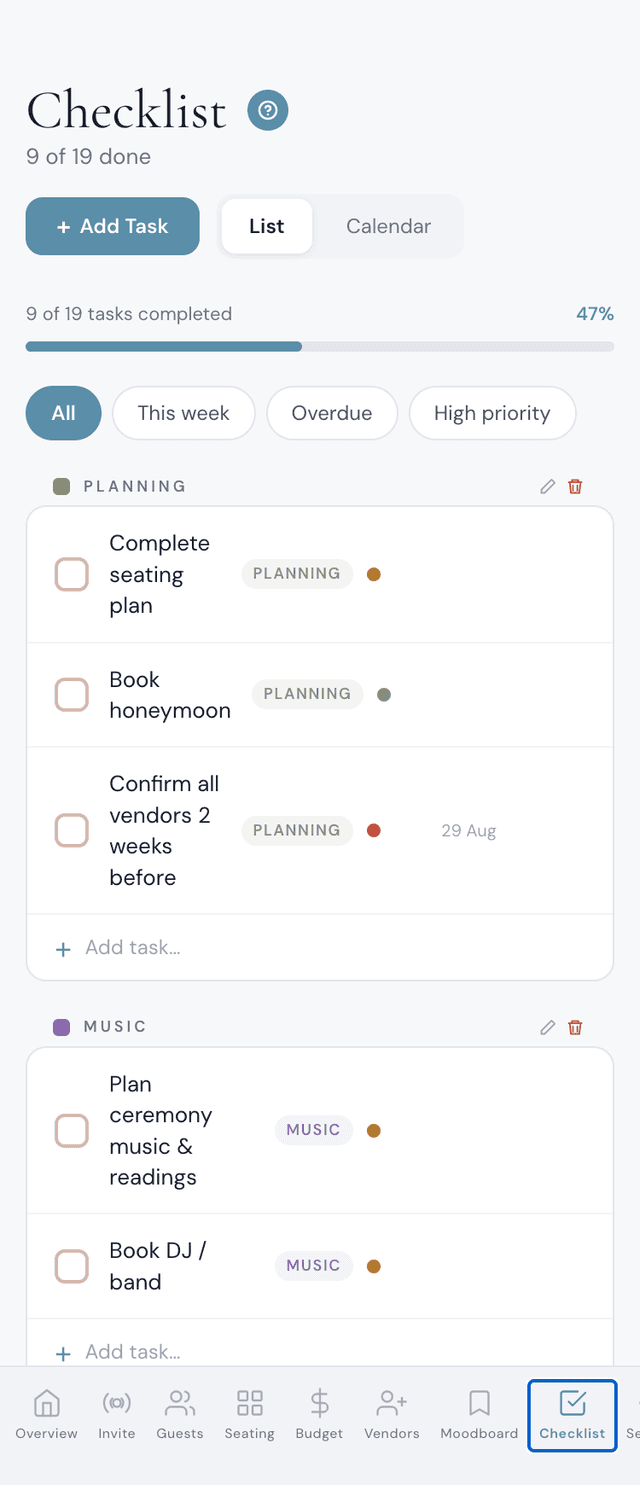 Wedding checklist app on iPhone showing categorised tasks with priority filters, progress bar and due dates — best wedding planning to-do list