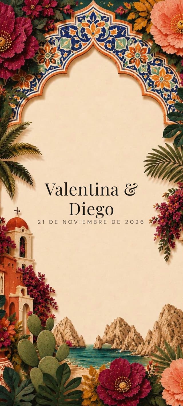 Invitación de boda digital mexicana de talavera en un celular, con arco de azulejos cobalto pintado a mano, bugambilia, torre de misión terracota, cactus y el arco de Cabo San Lucas, nombres de la pareja y fecha en español