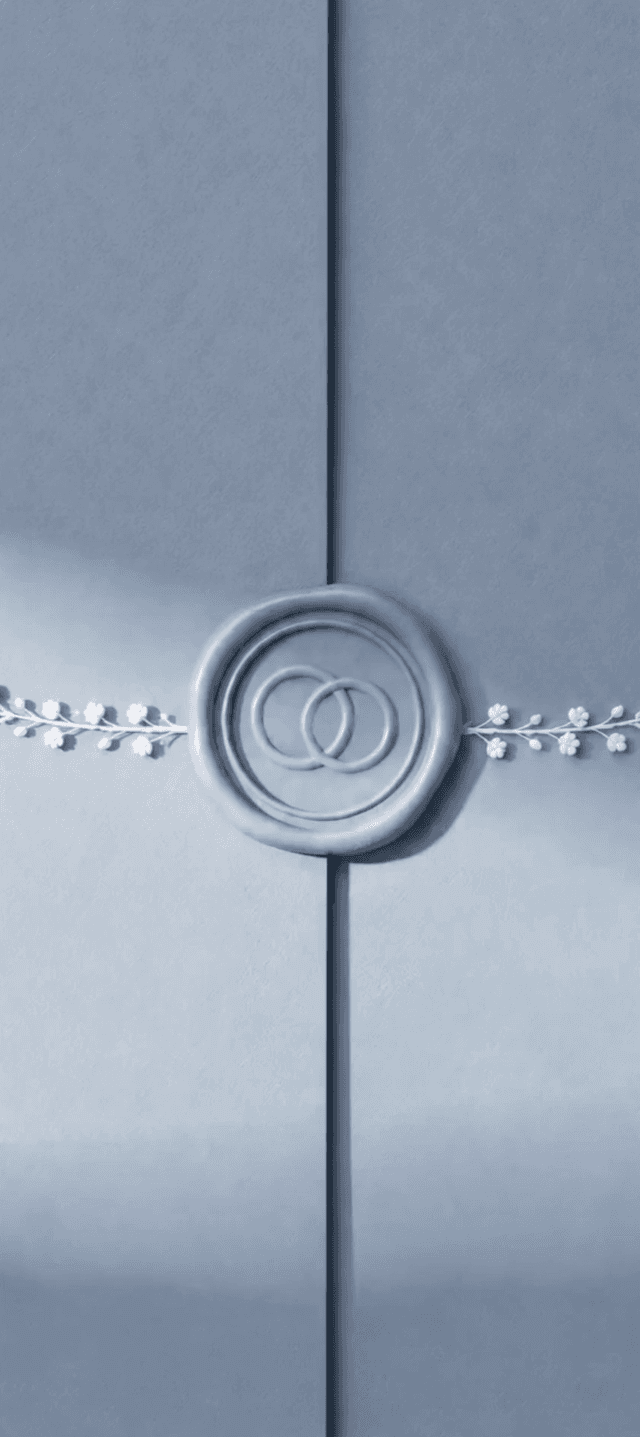 Dusty blue digital wedding invitation arriving as a sealed envelope: blue wax seal with intertwined rings and a white flower garland, the opening animation guests see first