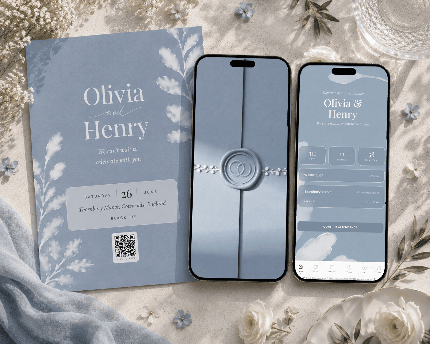 Dusty blue botanical wedding invitation suite: printed scan-to-RSVP QR code card with watercolor leaves, digital invitation opening from a wax-sealed blue envelope on a phone, and the online RSVP home screen with countdown and Confirm Attendance button