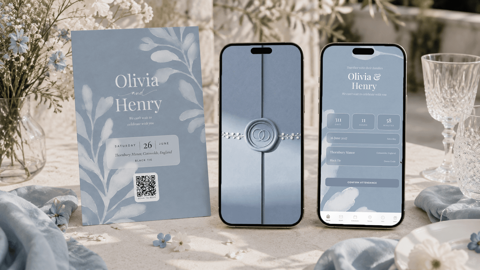 Dusty blue botanical wedding invitation suite: printed scan-to-RSVP QR code card with watercolor leaves, digital invitation opening from a wax-sealed blue envelope on a phone, and the online RSVP home screen with countdown and Confirm Attendance button