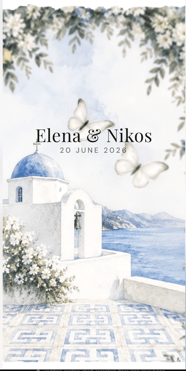 Greek Watercolor wedding invitation theme with Santorini blue dome, butterflies and Mediterranean sea