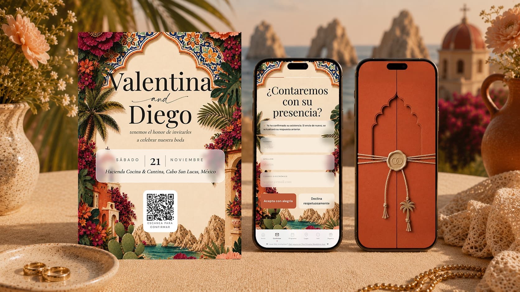 Invitación de boda mexicana de talavera con tarjeta de código QR, confirmación de asistencia bilingüe en un celular y sobre terracota, frente al arco de Cabo San Lucas