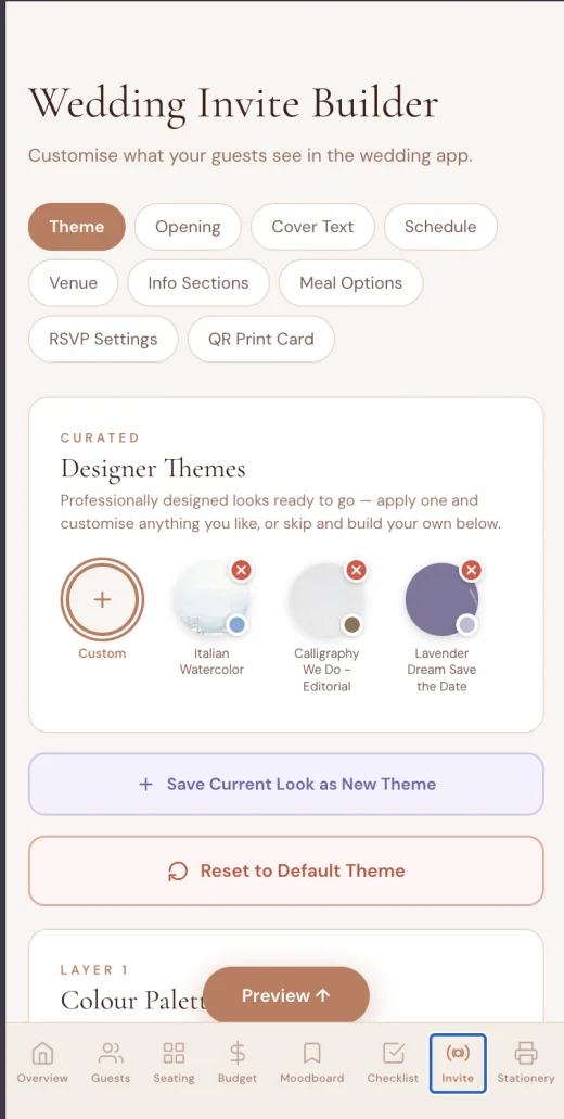 Wedding invitation app builder to customise themes, colours and RSVP settings on phone