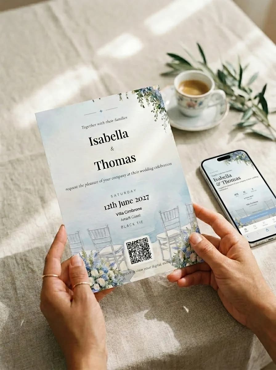 Italian watercolor wedding invitation printable QR card held next to iPhone showing the digital invitation. The Private Wedding App