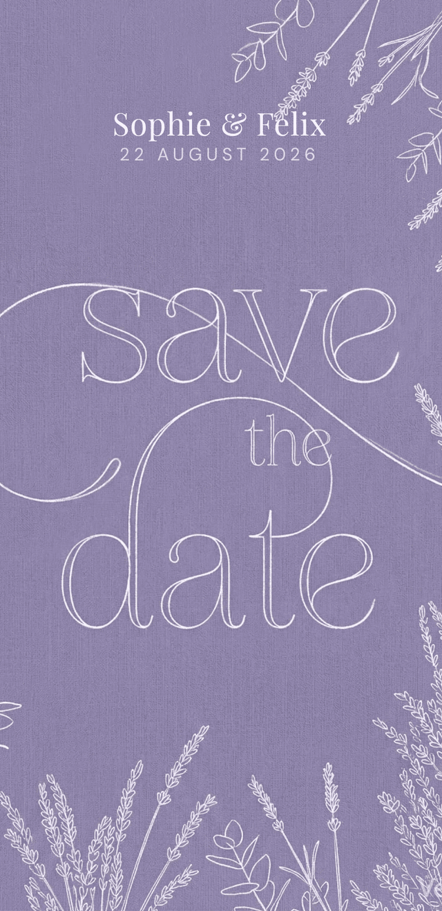 Lavender Save the Date wedding invitation theme with calligraphy script on purple textured background