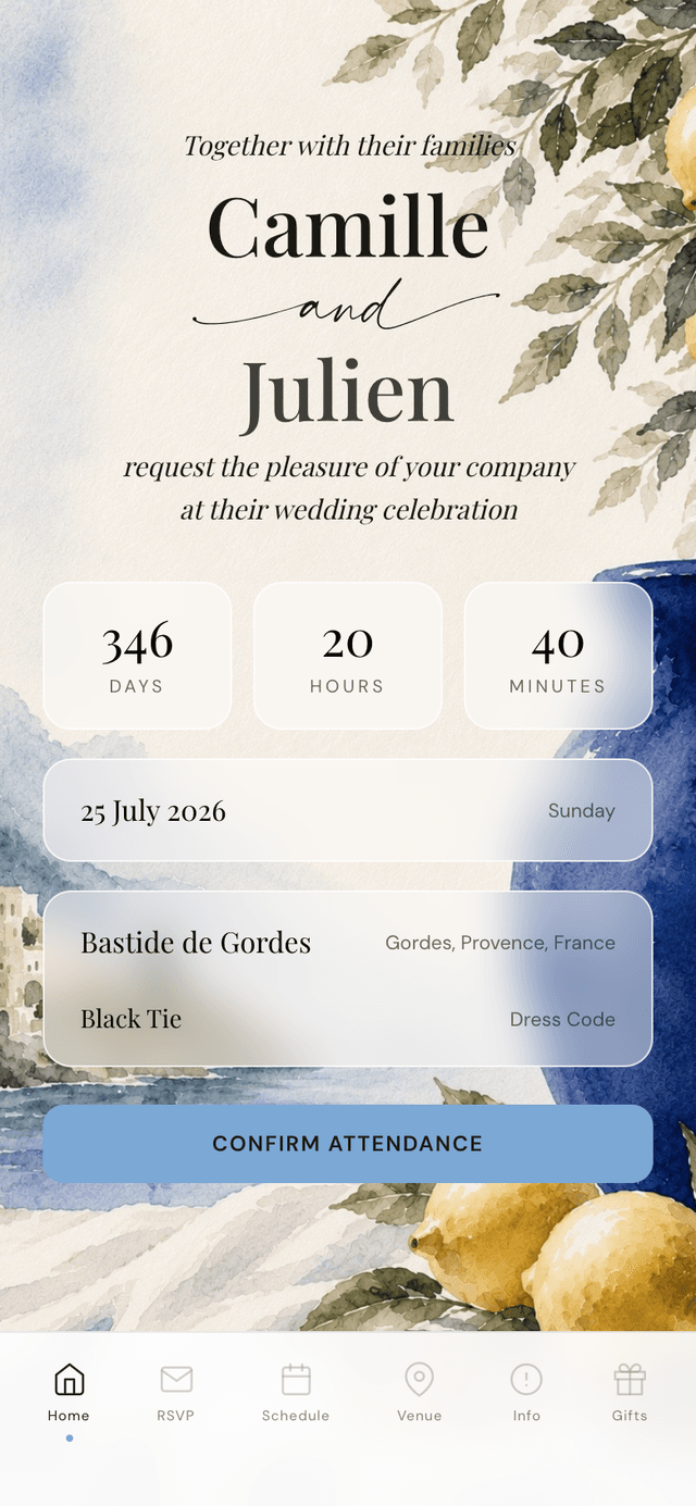 La Dolce Vita lemon wedding invitation live demo: watercolor Mediterranean design with wedding countdown, date, venue in Provence and confirm attendance RSVP button