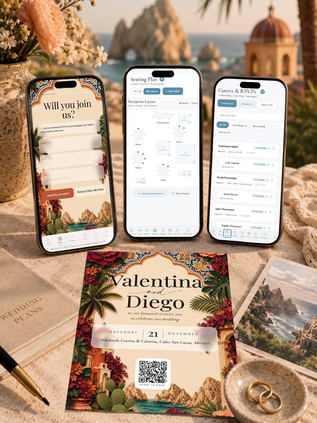 Mexican wedding planning app for a Cabo San Lucas destination wedding: talavera digital invitation with QR code to RSVP next to phones showing the online RSVP form, drag-and-drop seating chart and guest list with RSVP tracking, styled with the Cabo arch and a hacienda bell tower