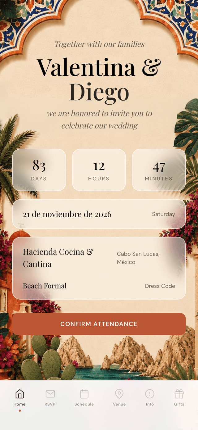 Talavera Mexican wedding invitation theme with tiled arch, cactus and Cabo San Lucas scenery