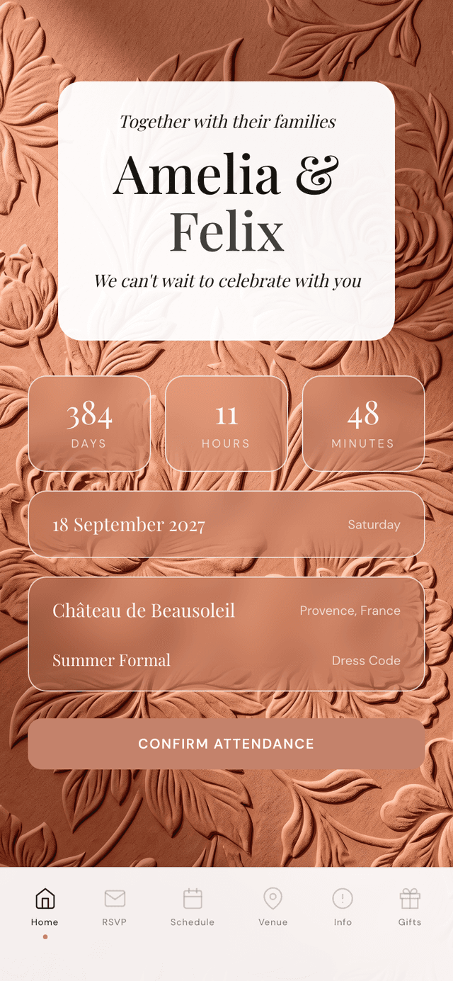Terracotta art deco wedding invitation theme with embossed florals