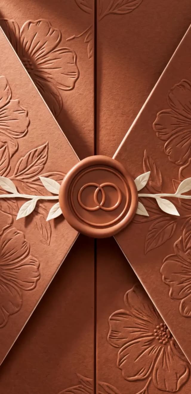 Terracotta art deco digital wedding invitation arriving as a sealed envelope: terracotta wax seal over an ivory ribbon on sculpted clay florals, the opening animation guests see first