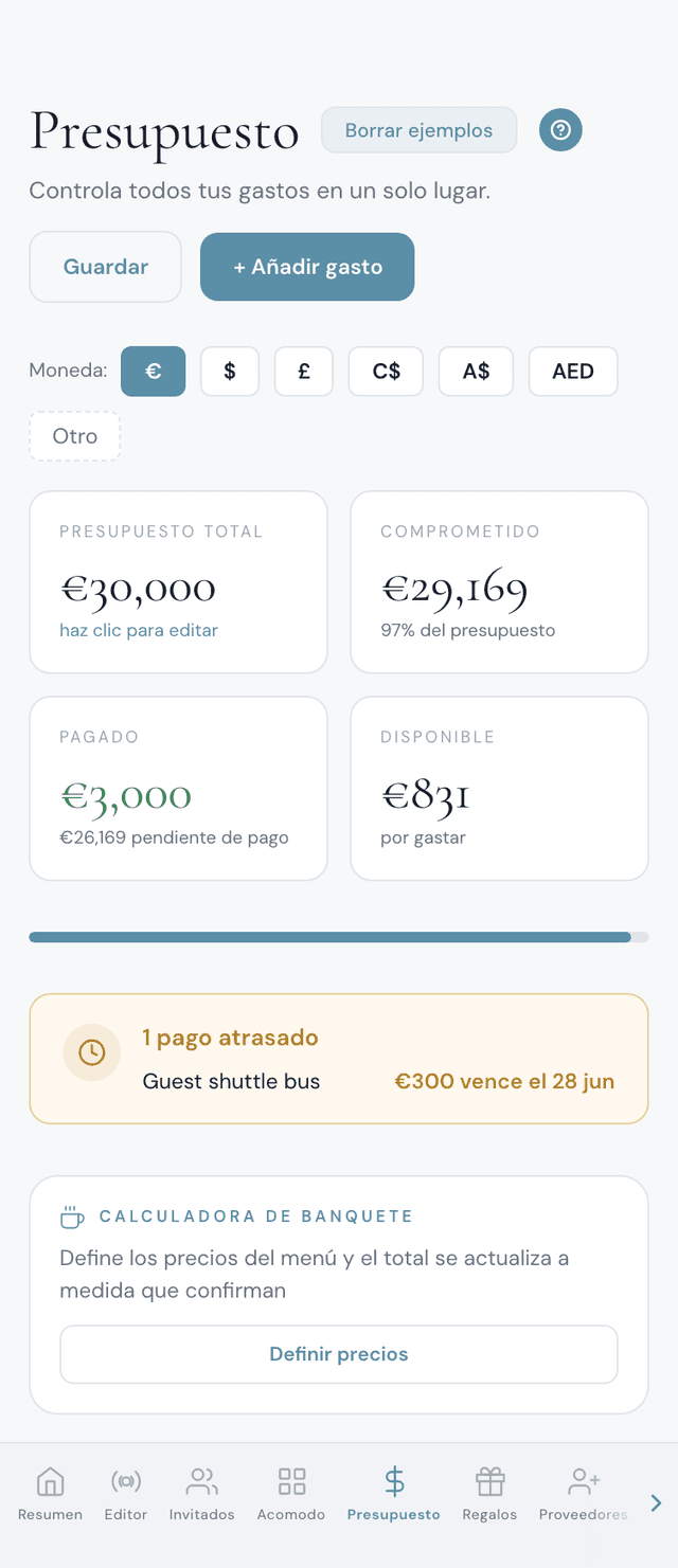 App de presupuesto de boda en iPhone mostrando presupuesto total, gasto comprometido, recordatorios de pago y calculadora de banquete — control de gastos de boda automatizado