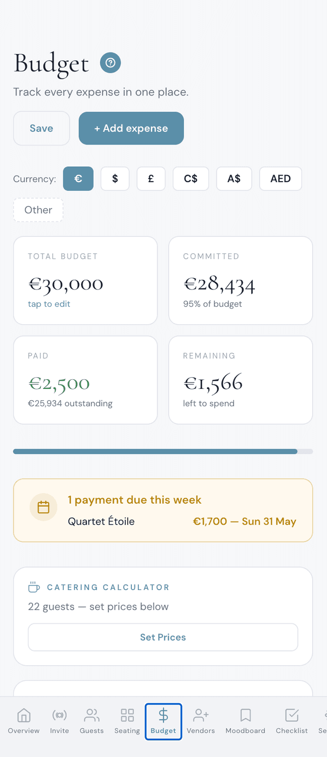 Wedding budget tracker app on iPhone showing total budget, committed spend, payment reminders and catering calculator — automated wedding expense planner