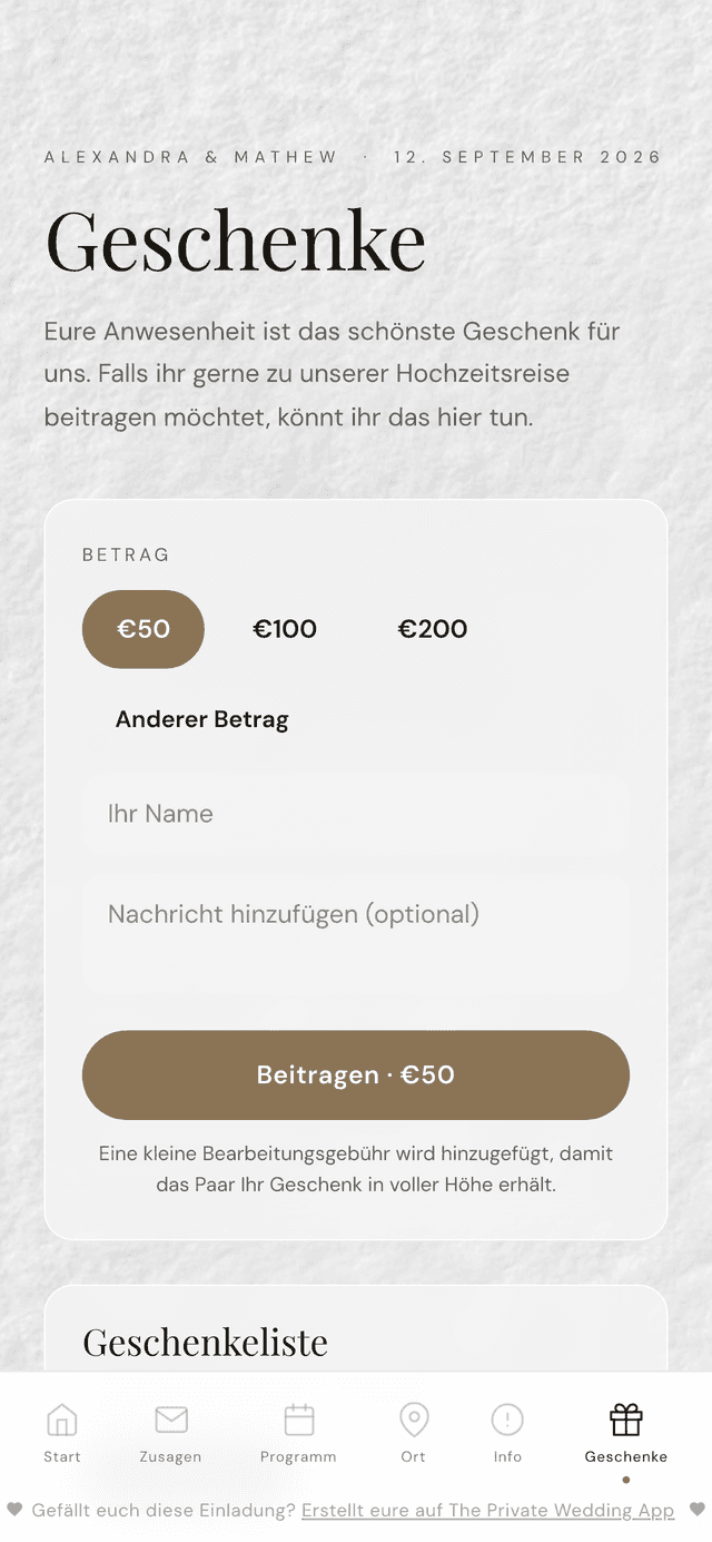 Geschenke-Seite einer Hochzeit mit Geldgeschenken für die Flitterwochen, Kartenzahlung und Wunschlisten-Links in der digitalen Einladung