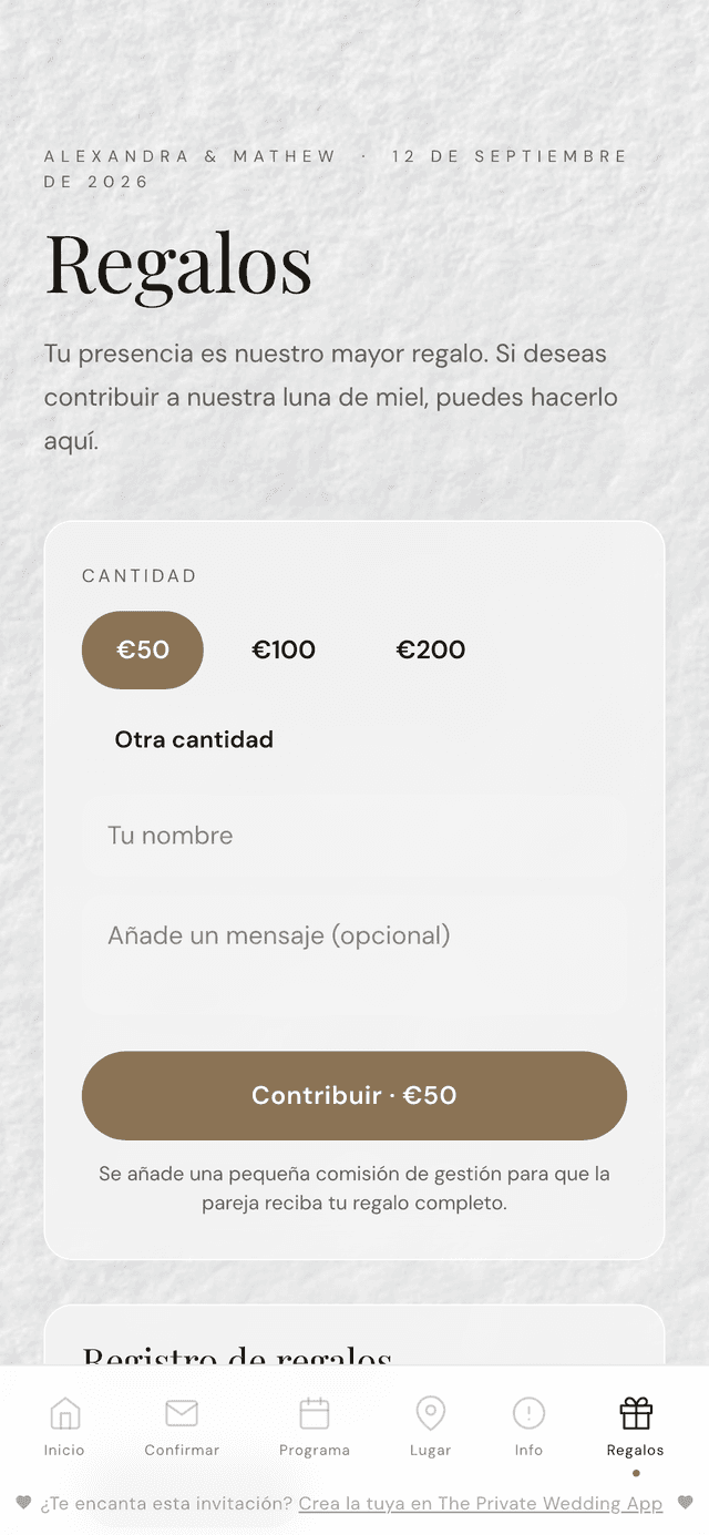Página de regalos de boda con contribución en efectivo para la luna de miel, pago con tarjeta y enlaces de mesa de regalos dentro de la invitación digital