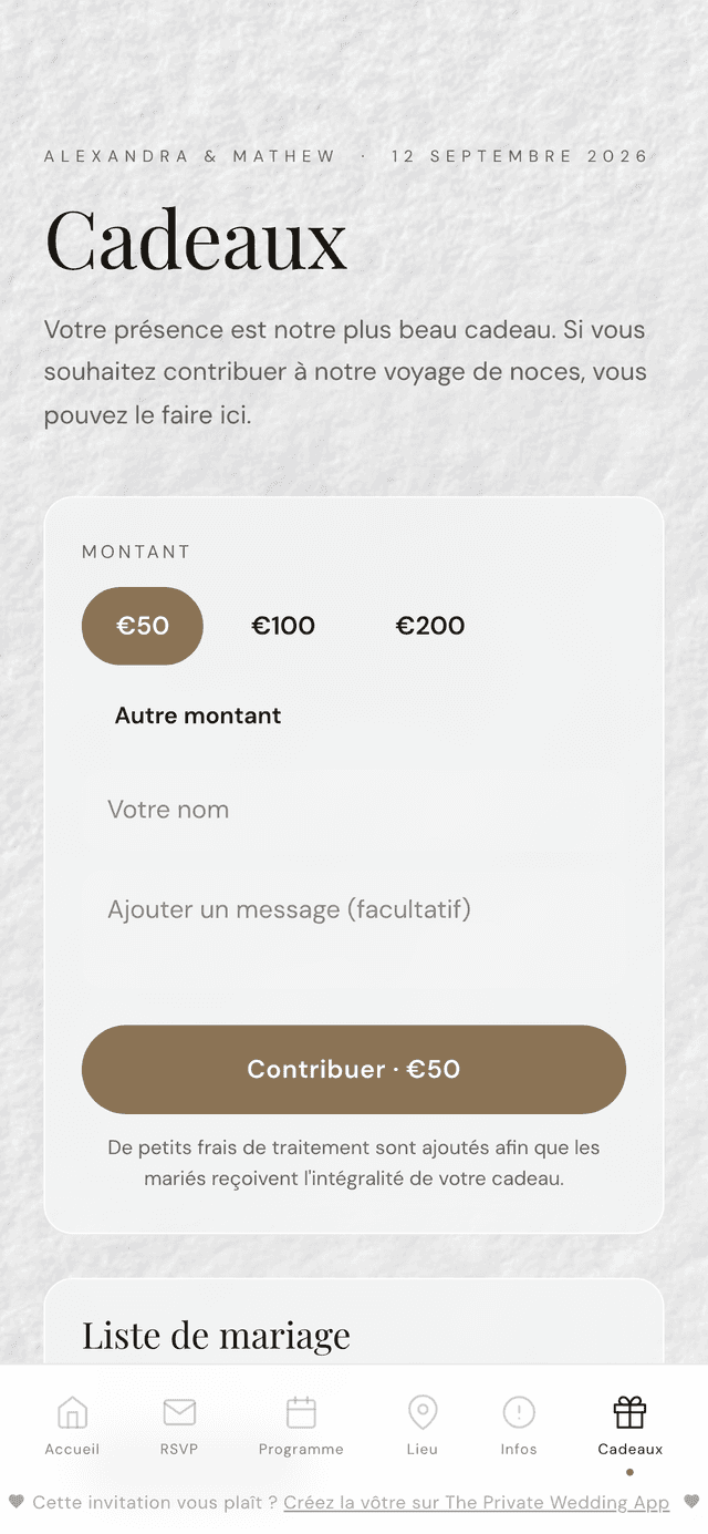 Page cadeaux de mariage avec cagnotte voyage de noces, paiement par carte bancaire et liens de liste de mariage dans le faire-part numérique