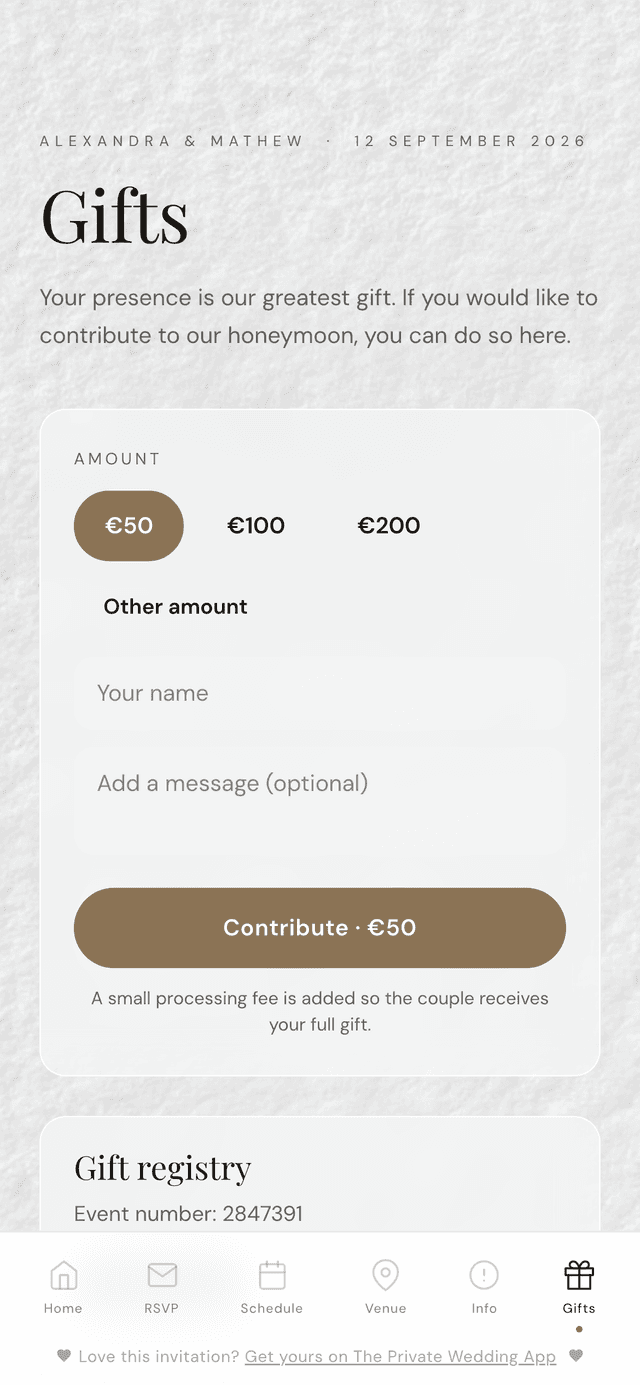 Wedding cash gift and honeymoon fund page inside digital invitation with card payment, amount options and gift registry links