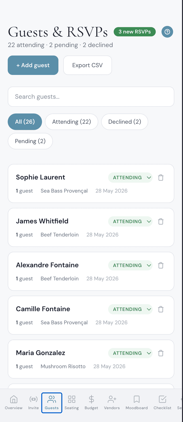 Wedding guest list tracker app showing auto-updated RSVP list with attending, pending and declined filters, meal choices and CSV export — best wedding guest list app to replace spreadsheets