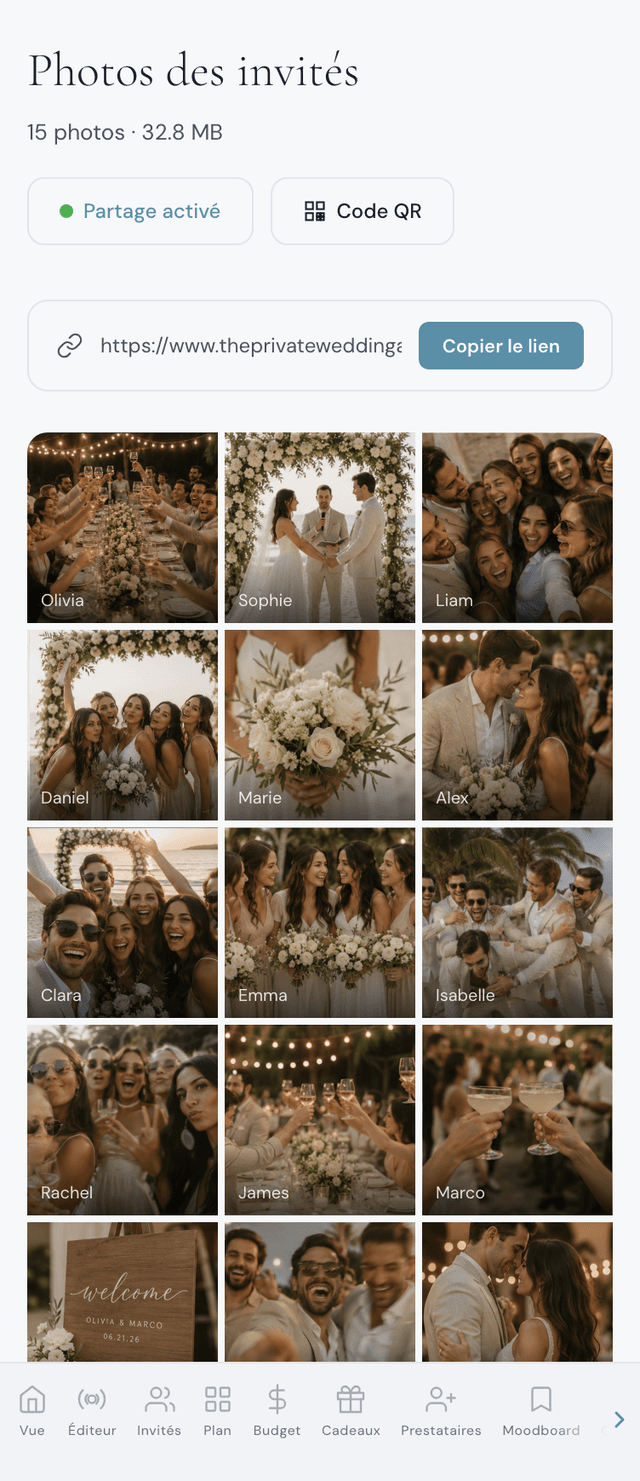 Tableau de bord de partage de photos de mariage montrant la galerie privée avec les photos envoyées par les invités — partage par QR code, noms et options de téléchargement