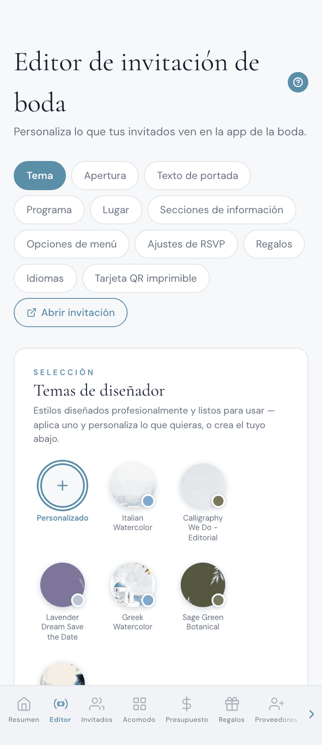 Editor de invitaciones de boda para personalizar temas, colores y confirmación de asistencia en el teléfono