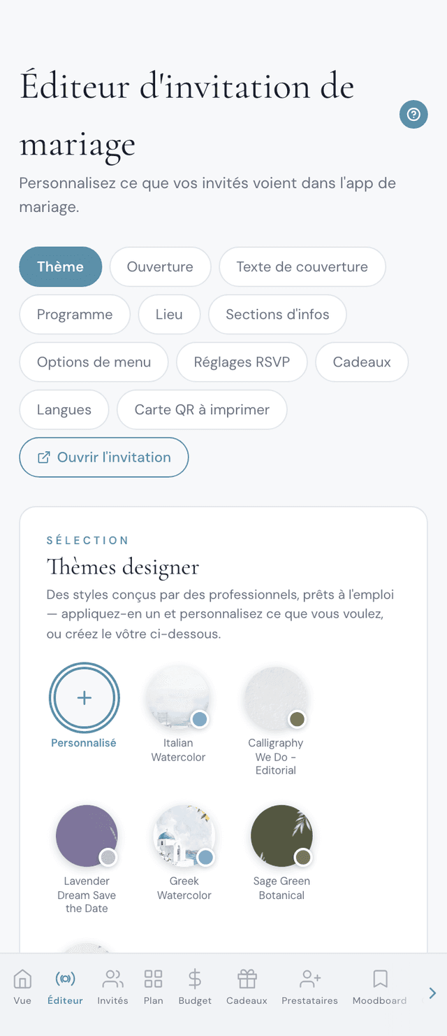 Éditeur de faire-part de mariage pour personnaliser thèmes, couleurs et RSVP sur téléphone