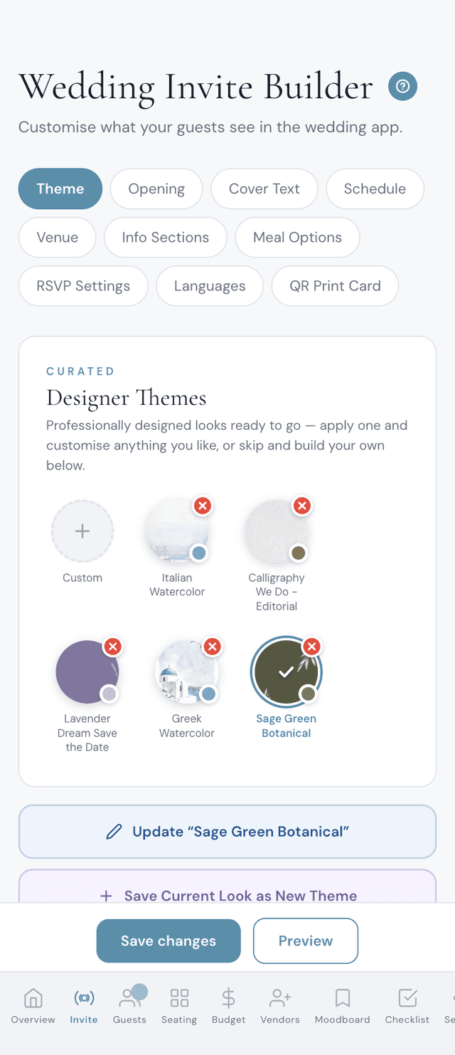 Wedding invitation app builder to customise themes, colours and RSVP settings on phone