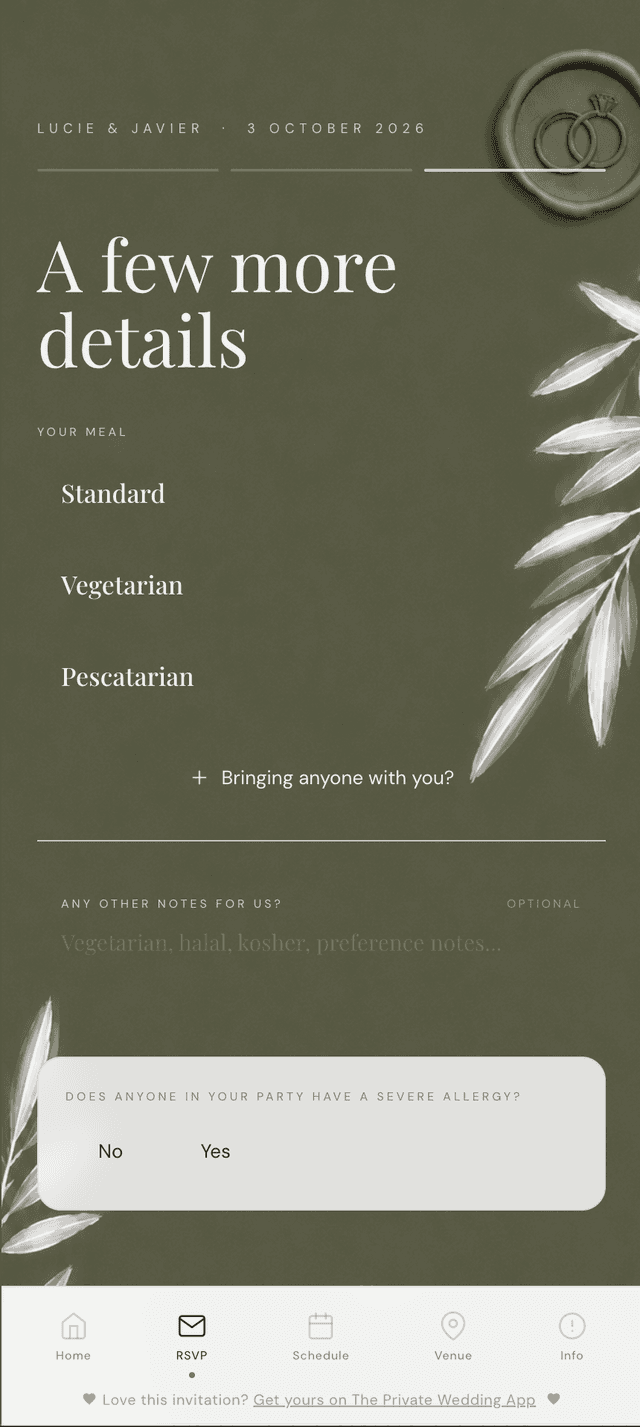 Wedding RSVP meal selection screen showing Standard, Vegetarian and Pescatarian options with allergy notification and plus-one on digital wedding invitation