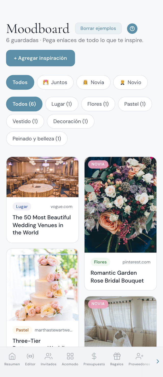 App de moodboard de boda para guardar imágenes de inspiración en una cuadrícula masonry dentro de tu organizador de boda