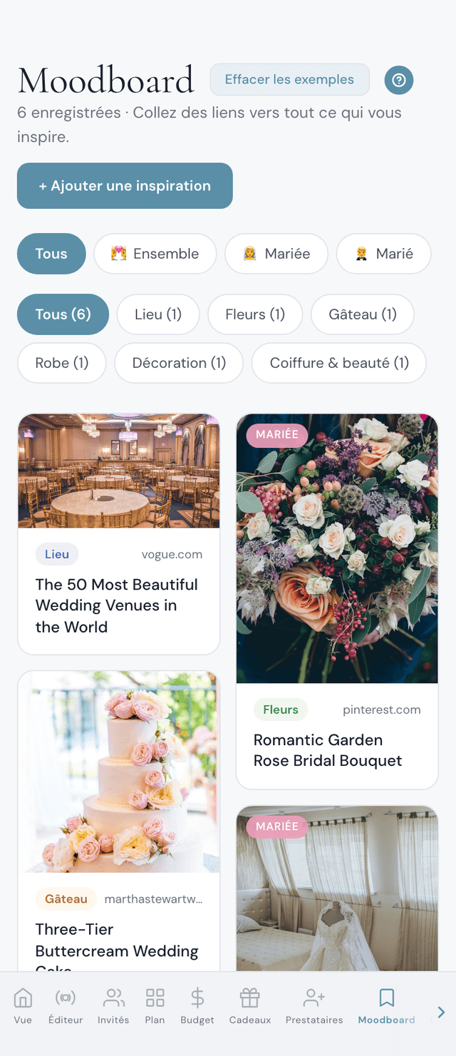 Application de moodboard mariage pour sauvegarder des images d'inspiration dans votre organisateur de mariage