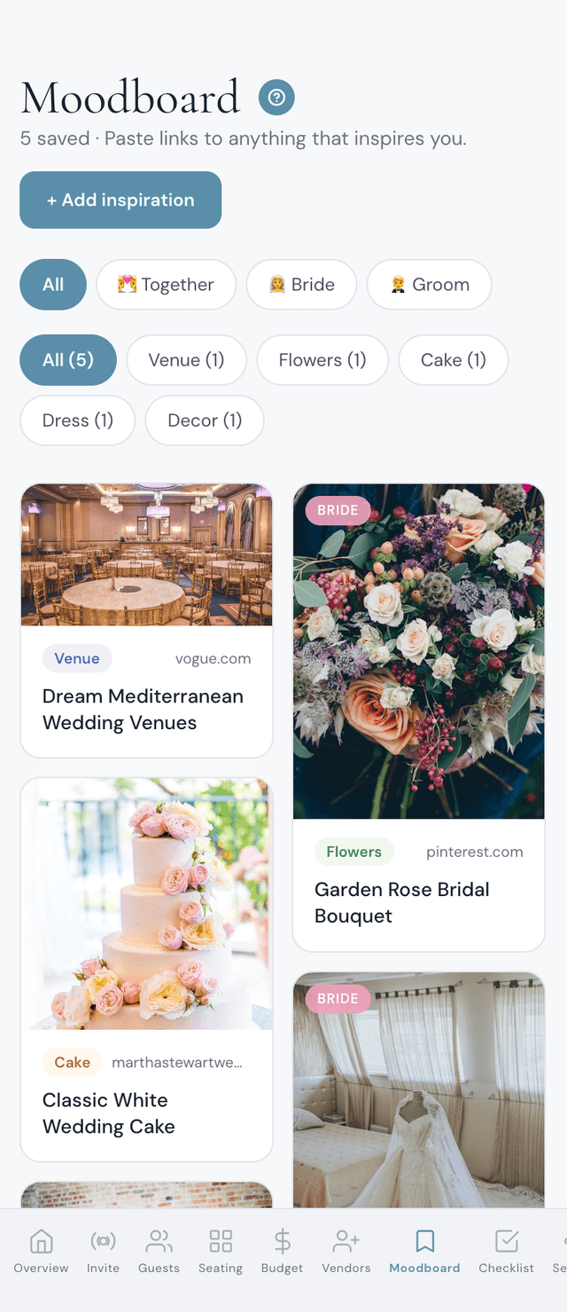 Wedding moodboard app to save inspiration images in a masonry grid inside your wedding planner