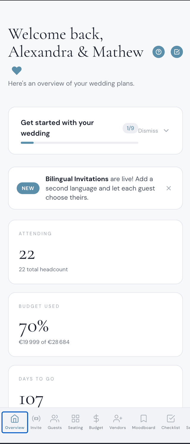 Wedding invitation builder with theme customization, photo upload and RSVP settings on iPhone