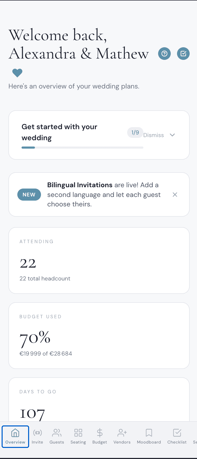 Wedding planner app dashboard showing guest headcount, budget tracker and countdown — try the full planner demo for free