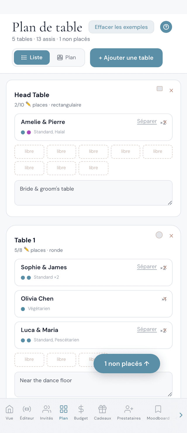 Plan de table de mariage et plan de salle montrant 6 tables avec invités placés, piste de danse, bar, DJ, photobooth et entrée — organisateur de salle de mariage en glisser-déposer sur iPhone