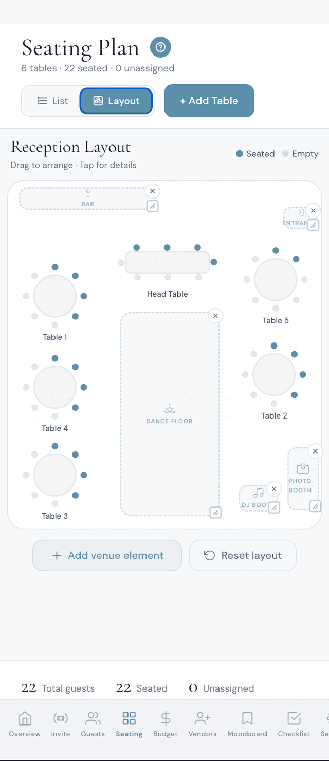 Wedding seating chart and reception floor plan layout view showing 6 tables with seated guests, dance floor, bar, DJ booth, photo booth and entrance — drag-and-drop wedding venue layout planner on iPhone