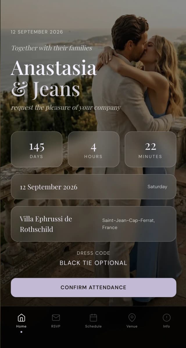 Live digital wedding invitation demo with online RSVP, guest experience and cinematic theme preview