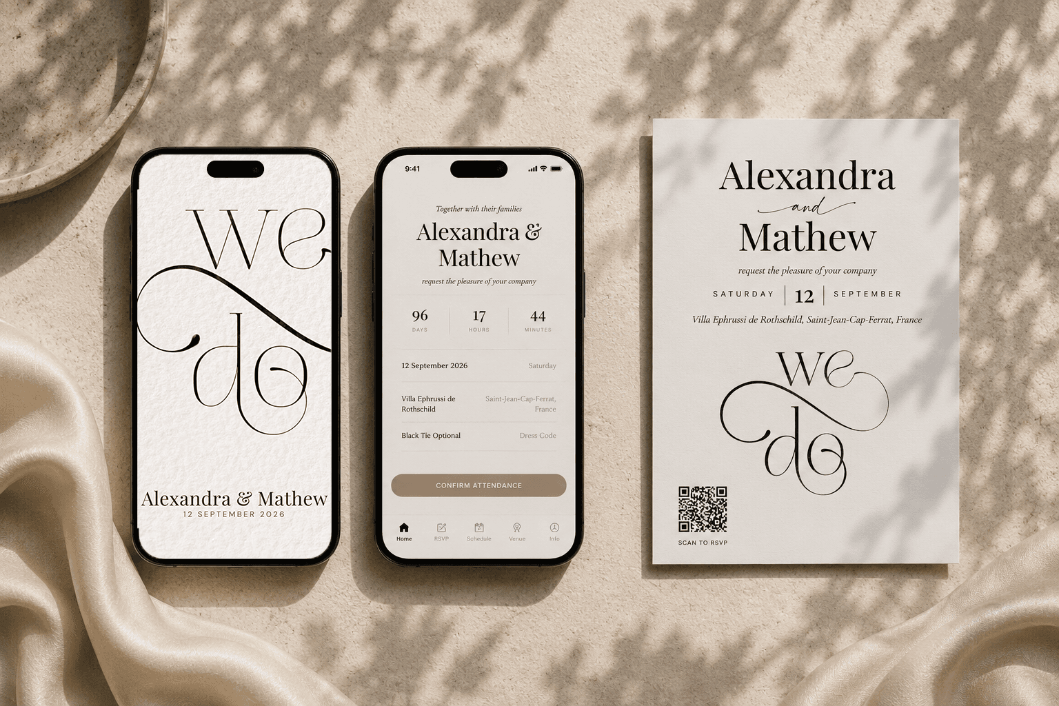 Minimalistische Hochzeitseinladung mit Kalligrafie, druckbarer QR-Karte und Zusage