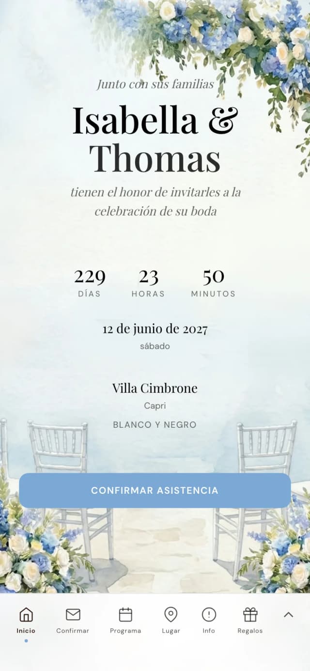 Demo de invitación de boda digital con confirmación de asistencia en línea