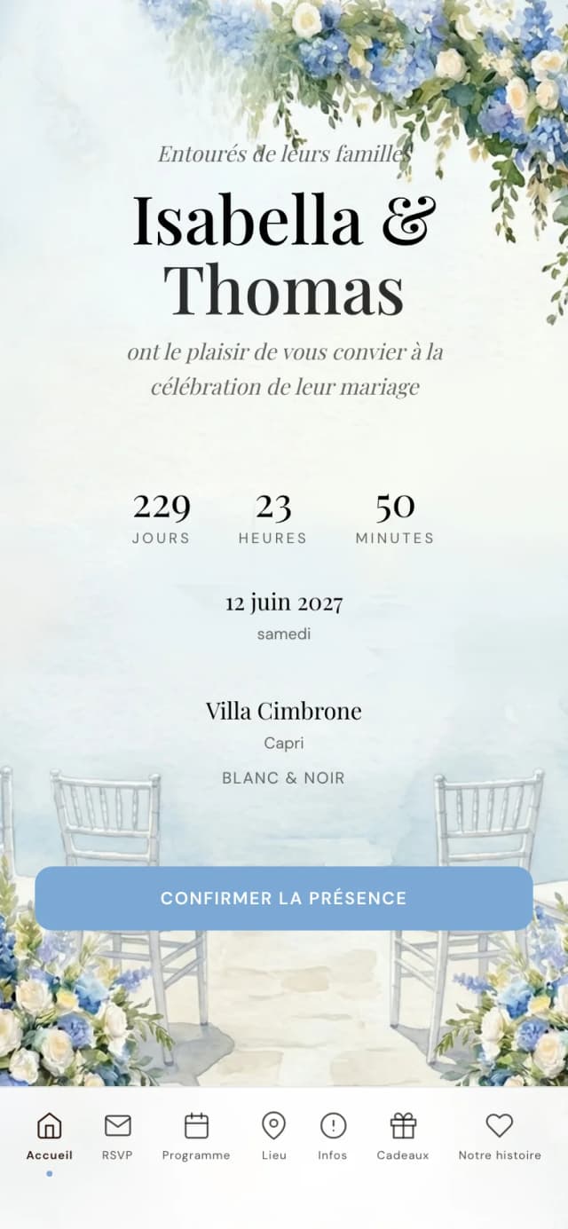 Démo de faire-part de mariage numérique avec confirmation de présence en ligne