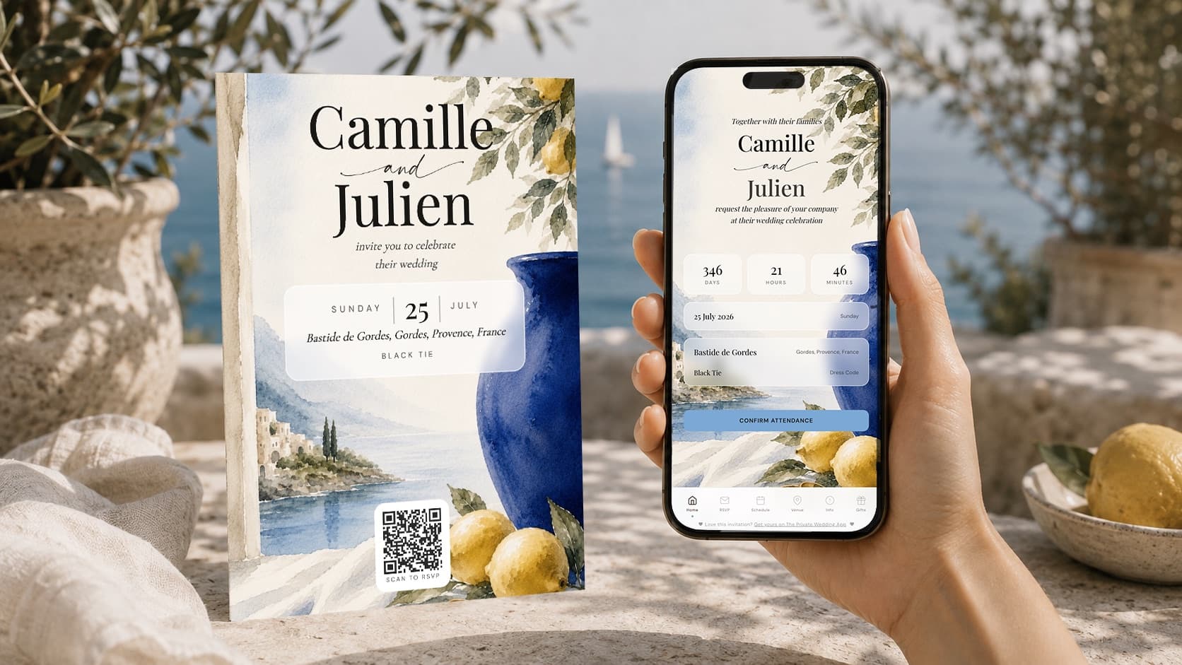Lemon La Dolce Vita wedding invitation as a printed card with QR code next to the matching digital invitation with RSVP on a phone, on a sunlit Mediterranean terrace for a wedding in Gordes, Provence, South of France