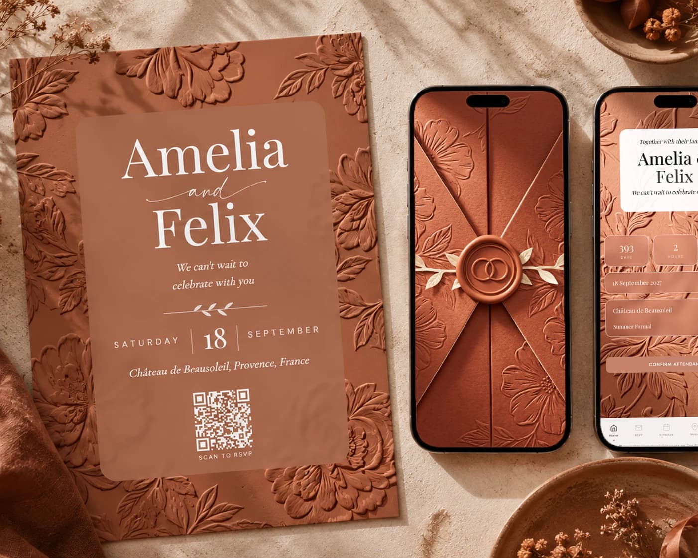Terracotta art deco wedding invitation suite on a stone table: printed embossed invitation card with names, date and scan-to-RSVP QR code next to a phone showing the wax-sealed envelope opening