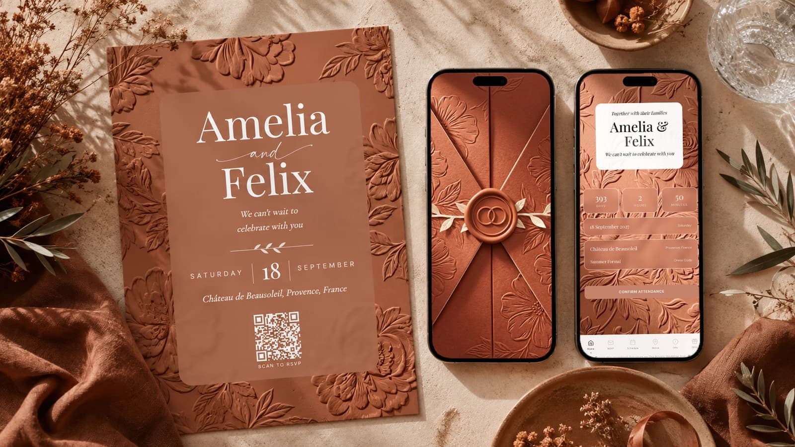 Terracotta art deco wedding invitation suite on a stone table with dried flowers and olive branches: printed embossed invitation card with the couple's names, date, venue and scan-to-RSVP QR code, a phone showing the wax-sealed envelope opening, and a phone showing the digital invitation cover with countdown and Confirm Attendance button