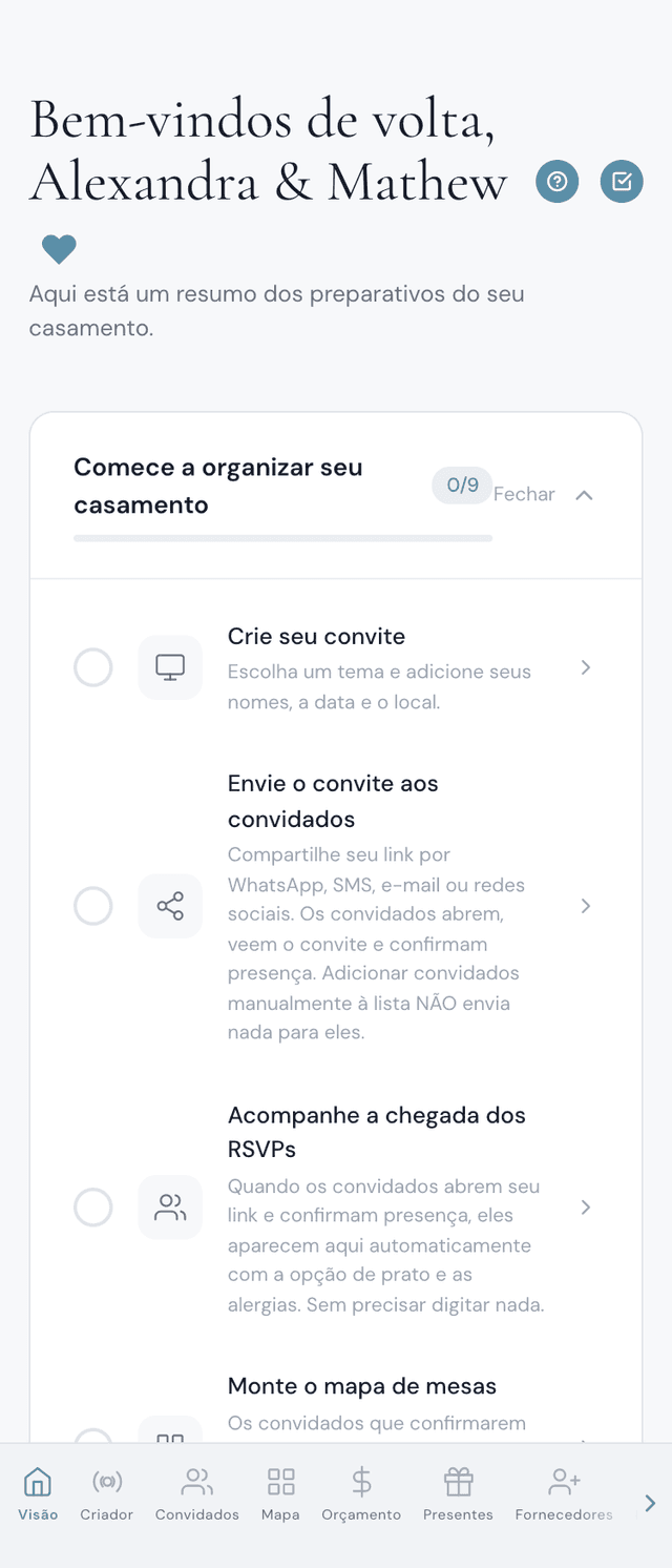 Prévia do painel de organização do casamento